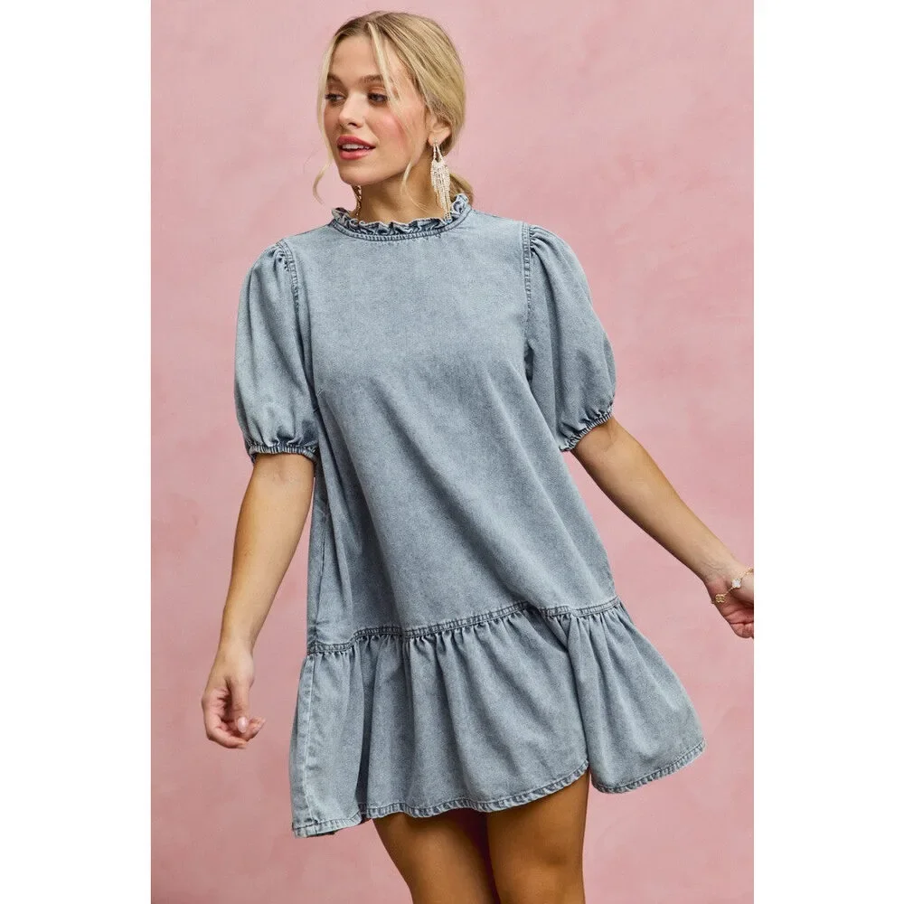 SO ME Denim Short Sleeves Mini Tiered Dress - Picture 7 of 15